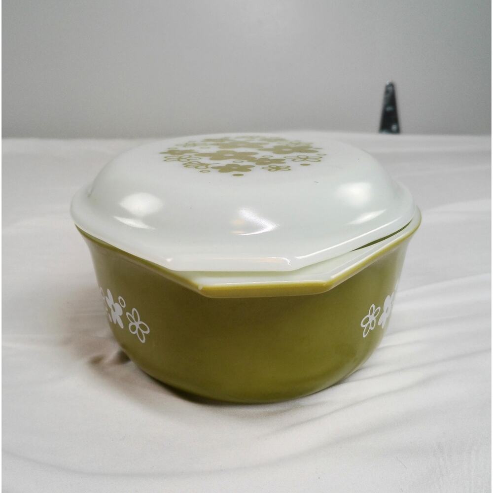Vtg Olive Green Spring Blossom Pyrex Casserole Dish & Lid 1.5 Qt 043 Crazy Daisy - Picture 2 of 8